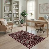 Ornate Burgundy Floral Scroll Area Rug