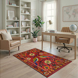 Vibrant Red Persian Birds Flowers Rug