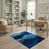 Blue and Teal Blue Wave Layered Abstract Area Rug