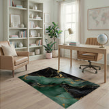 ODIKA Emerald Green & Gold Abstract Marble Washable Rug - Non-Slip Low Pile Area Rug