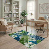 Tropical Green Palm Leaf and Hibiscus Area Rug