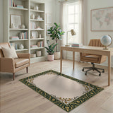 Ornate Green Gold Floral Border Beige Area Rug