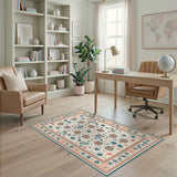 Teal Floral Vintage Washable Area Rug