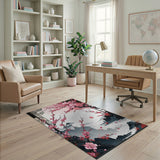 Washable Oriental Cherry Blossom Landscape Low Pile Area Rug
