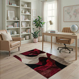 ODIKA Modern Abstract Wave Washable Area Rug - Low Pile, Non-Slip, Burgundy & Black
