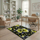Vibrant Yellow Hibiscus Floral Area Rug on Black
