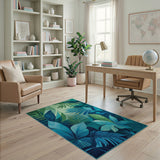 Blue Teal Leaves Washable Area Rug