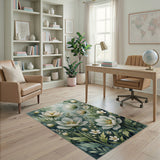 Ethereal White Anemone Blooms Teal Area Rug