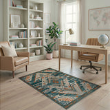 Blue and Teal Teal Orange Geometric Southwestern Area Rug
