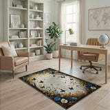 ODIKA Washable Vintage Butterfly & Floral Navy Gold Low Pile Area Rug