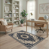 Ornate Beige Medallion Area Rug with Black Scrolls