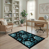 Vintage Blue Roses Floral Area Rug