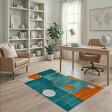 Teal Geometric Area Rug with Orange Sun Circles