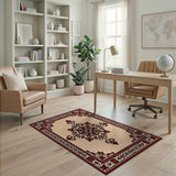 Ornate Beige Persian Medallion Rug with Maroon Border