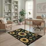 Vibrant Sunflower Floral Black Area Rug