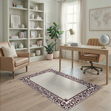 Ornate Maroon Border Beige Area Rug