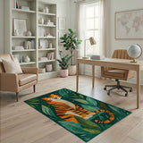 Playful Cartoon Tiger Amidst Lush Leaves Area Rug