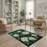 Elegant White Peony Blooms Green Area Rug