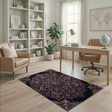 ODIKA Washable Purple Mandala Area Rug - Low Pile Non-Slip Boho Lotus Rug for Living Room