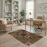 ODIKA Washable Vintage Mosaic Medallion Area Rug - Low Pile Non-Slip Folk Art Pattern