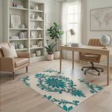 Teal Damask Floral Area Rug on Cream