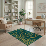 Golden Swirling Vines Teal Area Rug