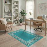Ornate Teal Floral Border Blue and Teal Area Rug
