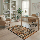 Washable Southwestern Geometric Tribal Low Pile Area Rug - Brown and Beige