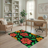 Vibrant Hibiscus Floral Area Rug on Black