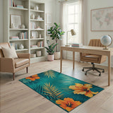 Teal Hibiscus Blooms Golden Palm Area Rug