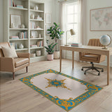 Ornate Blue Gold Starburst Frame Area Rug