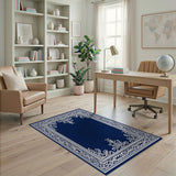 Blue and Teal Navy Blue Ornate Filigree Border Area Rug