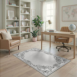 Black and White Ornate Floral Scroll Border Area Rug