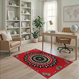Vibrant Red Mandala Area Rug with Intricate Black White Design