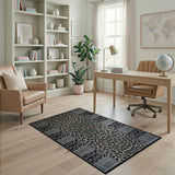 Grey Leopard Print Area Rug with Ikat Borders