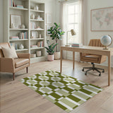 Olive Green Geometric Grid Area Rug