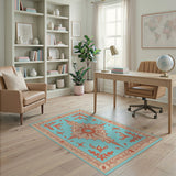 Blue and Teal Teal Ornate Medallion Area Rug
