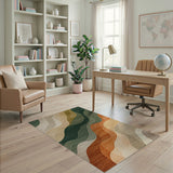 Washable Abstract Wavy Area Rug - Green & Earth Tones, Non-Slip Low Pile
