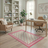 Pink Ornate Border Cream Trellis Area Rug