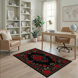 ODIKA Vintage Red Rose Washable Area Rug, Non-Slip Low Pile Traditional Floral Carpet