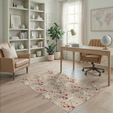 Beige Floral Vintage Area Rug with Pink Blooms