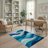 ODIKA Modern Abstract Ocean Wave Washable Area Rug - Low Pile Non-Slip Blue Decor