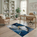 Navy Blue Gold Vein Marble Abstract Area Rug