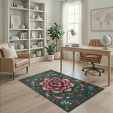 Ornate Pink Peony Teal Area Rug