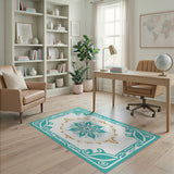 Blue and Teal Teal Gold Floral Medallion Area Rug