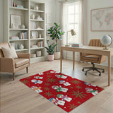 Red Festive Snowmen Snowflakes Red Area Rug