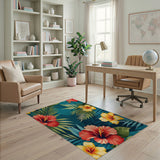 ODIKA Tropical Red & Yellow Hibiscus Washable Rug - Low Pile Non-Slip Floral Area Rug