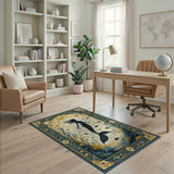 Vintage Navy Blue Gold Mermaid Washable Area Rug, Low Pile Non-Slip