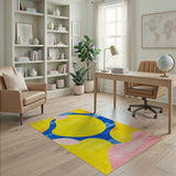 Vibrant Yellow Abstract Rug with Blue Loops Pink Curves