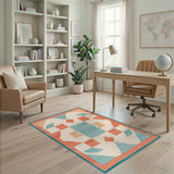 Teal Geometric Coral Border Area Rug